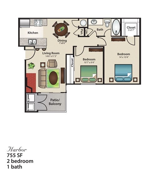 Floor plan for 2 beds, 1 bath, 755 sqft